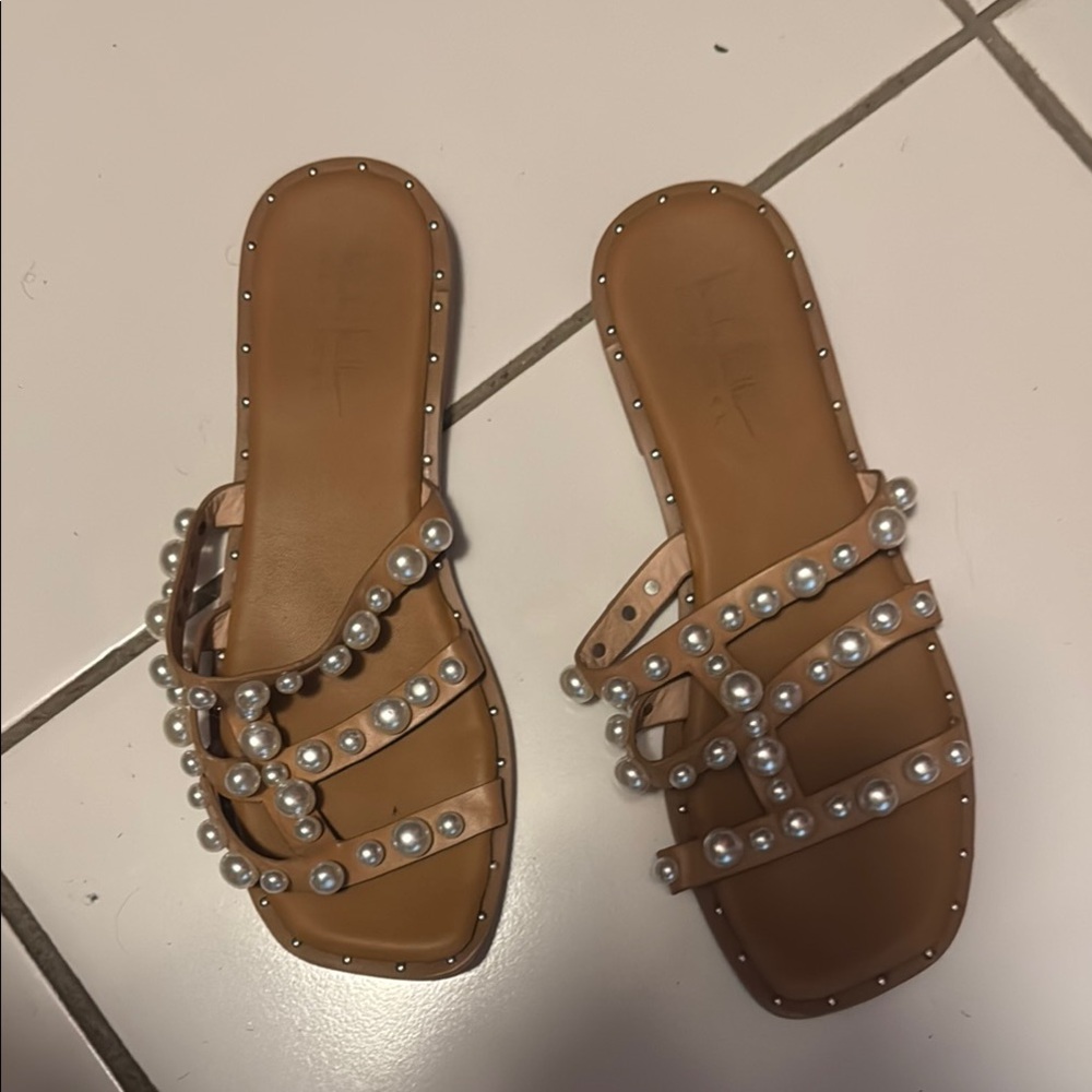 Women's Tan Pearl-Embellished Sandals